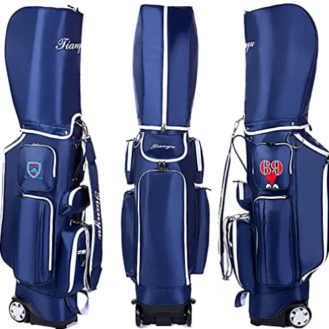 ACXZ Golf Clubs Cart Carry Bag with Wheels 5 Way Dividers, Lightweight Trolley Bag Blue