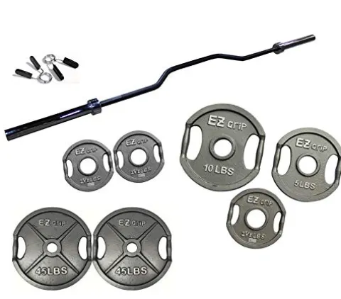 Ader Sporting Goods EZ Grip Weight Plates Set with Cambered Bench Press Bar 86″ Black/Chrome/Grey