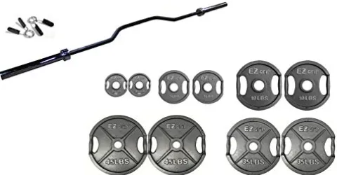 Ader Sporting Goods EZ Grip Weight Plates Set with 2″ Cambered Bench Press Bar 86” Black/Chrome/Grey