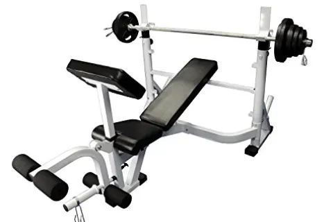 Ader Sporting Goods Olympic Universal White Bench w/Bar & 255lbs Gray Easy Grip Olympic Plates Set Black