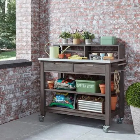 Afuera Living Traditional Wood Potting Bench with Steel Top Grey