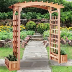 All Things Cedar 6-ft Cedar Garden Pagoda Arbor with Side Planters Red