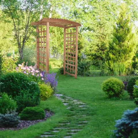All Things Cedar PA96 Garden Arbor Red – 6-Ft Handcrafted Wooden Trellis for Climbing Plants, Easy Assembly, Weather Resistant