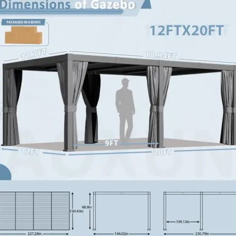 Aoxun Louvered Pergola 12′ x 20′ Outdoor Aluminum with Adjustable Roof Gray
