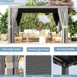Aoxun Louvered Pergola 10x12ft Outdoor Aluminum Adjustable Roof Gray