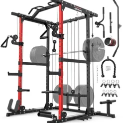 ARMAC 1500lbs Multi-Function Power Rack with Adjustable Cable Crossover Black+Red 01