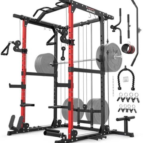 ARMAC 1500lbs Multi-Function Power Rack with Adjustable Cable Crossover Black+Red 01