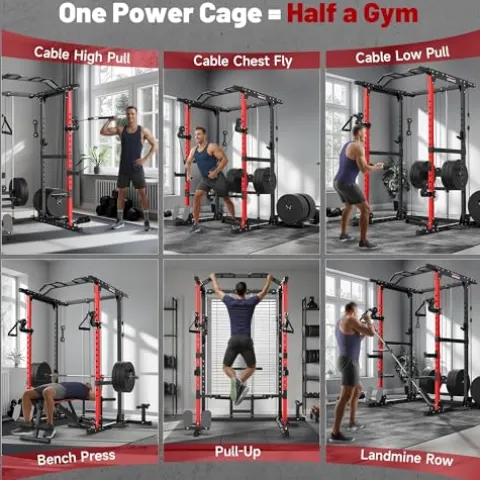 ARMAC 1500lbs Multi-Function Power Rack with Adjustable Cable Crossover Black+Red 01