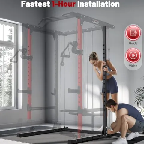 ARMAC 1500lbs Multi-Function Power Rack with Adjustable Cable Crossover Black+Red 01