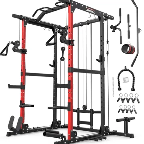 ARMAC 1500lbs Multi-Function Power Rack with Adjustable Cable Crossover Black+Red 01