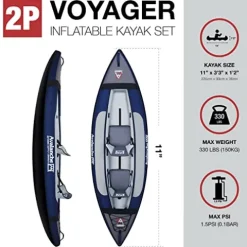 Avalanche 2-Person Voyager Inflatable Kayak Set Blue Green