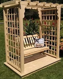 Backyard Crafts Amish-Made Lexington Style Pine Arbor with Deck & Swing 5′ Wide Unfinished