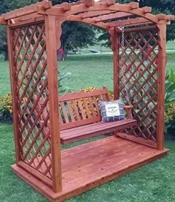 Backyard Crafts Amish-Made Jamesport Style Cedar Arbor with Deck & Swing 5′ Wide Gray Stain