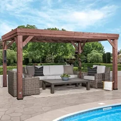 Backyard Discovery Brockton 14′ x 10′ Modern Cedar Wood Pergola Kit Dark Walnut