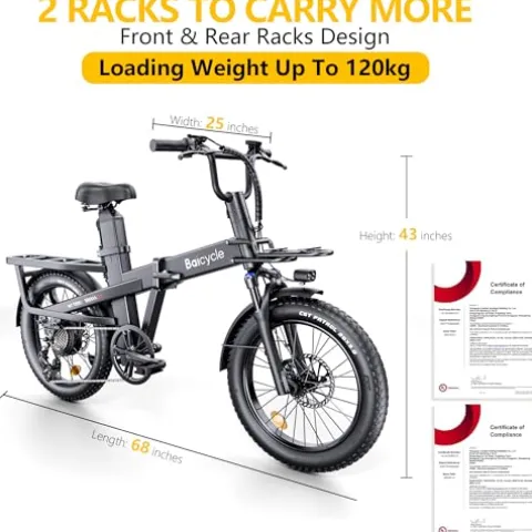 Baicycle Folding Electric Bike 62-Mile Range 48V Removable Battery 20-Inch Fat Tire Grey