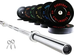 BalanceFrom Color Coded Olympic Bumper Plate Set with Barbell 370LB Black