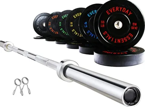 BalanceFrom Color Coded Olympic Bumper Plate Set with Barbell 370LB Black