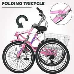 Barbella Adult Folding Tricycles 7 Speed 20/24/26 Inch 3 Wheel Cruiser Bike Light Pink