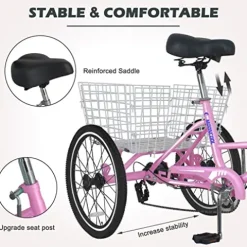 Barbella Adult Folding Tricycles 7 Speed 20/24/26 Inch 3 Wheel Cruiser Bike Light Pink