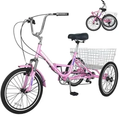 Barbella Adult Folding Tricycles 7 Speed 20/24/26 Inch 3 Wheel Cruiser Bike Light Pink