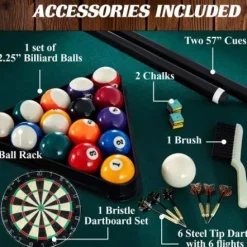 BARRINGTON 90″ Ball and Claw Leg Pool Table with Cue Rack and Dartboard Set Green Cloth