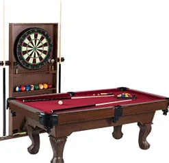 BARRINGTON 90 Inch Ball and Claw Leg Billiard Pool Table with Bonus Cue Rack and Dartboard Set Red