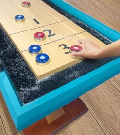 Beneouya Shuffleboard Table Curved Base Blue Top with 8 Pucks