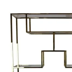 Benzara Adena 75 Inch Tall Plant Stand Geometric Metal Shelves Gold