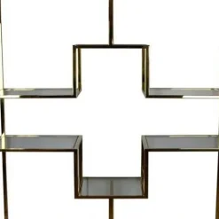Benzara Adena 75 Inch Tall Plant Stand Geometric Metal Shelves Gold