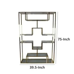 Benzara Adena 75 Inch Tall Plant Stand Geometric Metal Shelves Gold