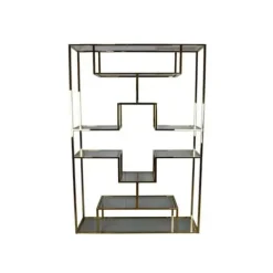 Benzara Adena 75 Inch Tall Plant Stand Geometric Metal Shelves Gold