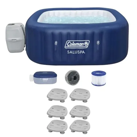 Bestway Coleman Hawaii AirJet Inflatable Hot Tub with EnergySense Cover Blue + SaluSpa Spa Seat Adjustable Legs 6 Pack