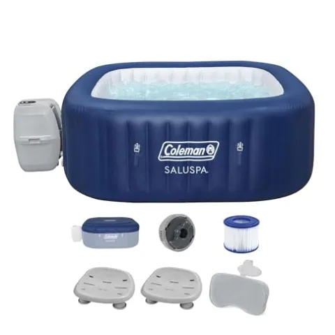 Bestway Coleman Hawaii AirJet Inflatable Hot Tub with EnergySense Cover Blue + SaluSpa Spa Seat (2 Pack) & Pillows