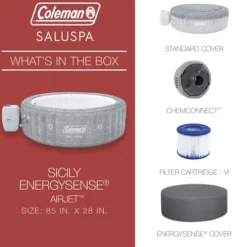 Bestway Coleman Sicily AirJet Inflatable Hot Tub with EnergySense Cover & 4 SaluSpa Seats, Gray