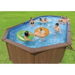 Bestway Hydrium 24′ x 12′ x 52″ Oval Above Ground Swimming Pool Set Outdoor Steel Wall Family Pool with Sand Filter, Ladder, & Cover Brown