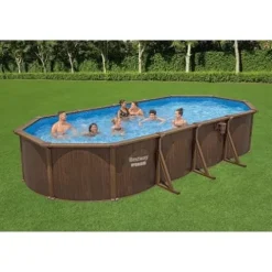 Bestway Hydrium 24′ x 12′ x 52″ Oval Above Ground Swimming Pool Set Outdoor Steel Wall Family Pool with Sand Filter, Ladder, & Cover Brown