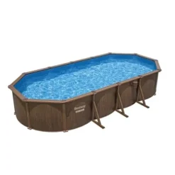 Bestway Hydrium 24′ x 12′ x 52″ Oval Above Ground Swimming Pool Set Outdoor Steel Wall Family Pool with Sand Filter, Ladder, & Cover Brown