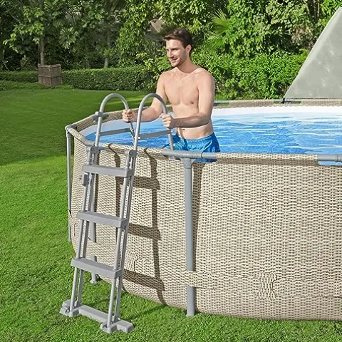 Bestway Power Steel 13′ x 42″ Round Above Ground Swimming Pool Set with Canopy Brown Wicker Print