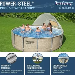 Bestway Power Steel 13′ x 42″ Round Above Ground Swimming Pool Set with Canopy Brown Wicker Print