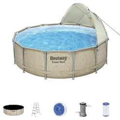 Bestway Power Steel 13′ x 42″ Round Above Ground Swimming Pool Set with Canopy Brown Wicker Print
