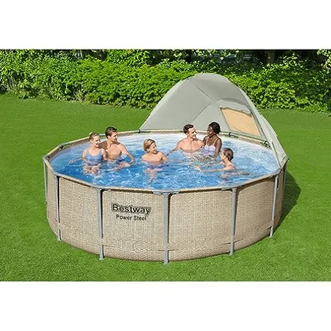 Bestway Power Steel 13′ x 42″ Round Above Ground Swimming Pool Set with Canopy Brown Wicker Print