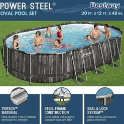 Bestway Power Steel Oval Metal Frame Above Ground Swimming Pool Set Gray Wood Print