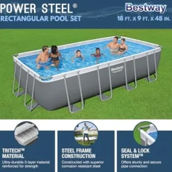 Bestway Power Steel Rectangular Metal Frame Swimming Pool Set Gray
