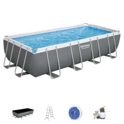 Bestway Power Steel Rectangular Metal Frame Swimming Pool Set Gray