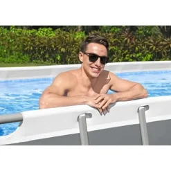 Bestway Power Steel Rectangular Metal Frame Swimming Pool Set Gray