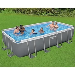 Bestway Power Steel Rectangular Metal Frame Swimming Pool Set Gray