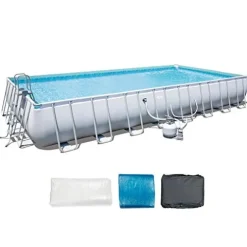 Bestway Power Steel Rectangular Above Ground Swimming Pool Set Gray