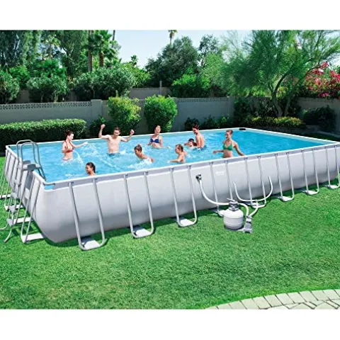 Bestway Power Steel Rectangular Above Ground Swimming Pool Set Gray