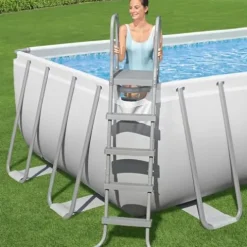 Bestway Rectangular Metal Frame Above Ground Swimming Pool Set Gray