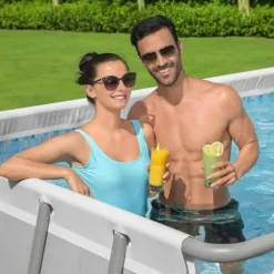 Bestway Rectangular Metal Frame Above Ground Swimming Pool Set Gray